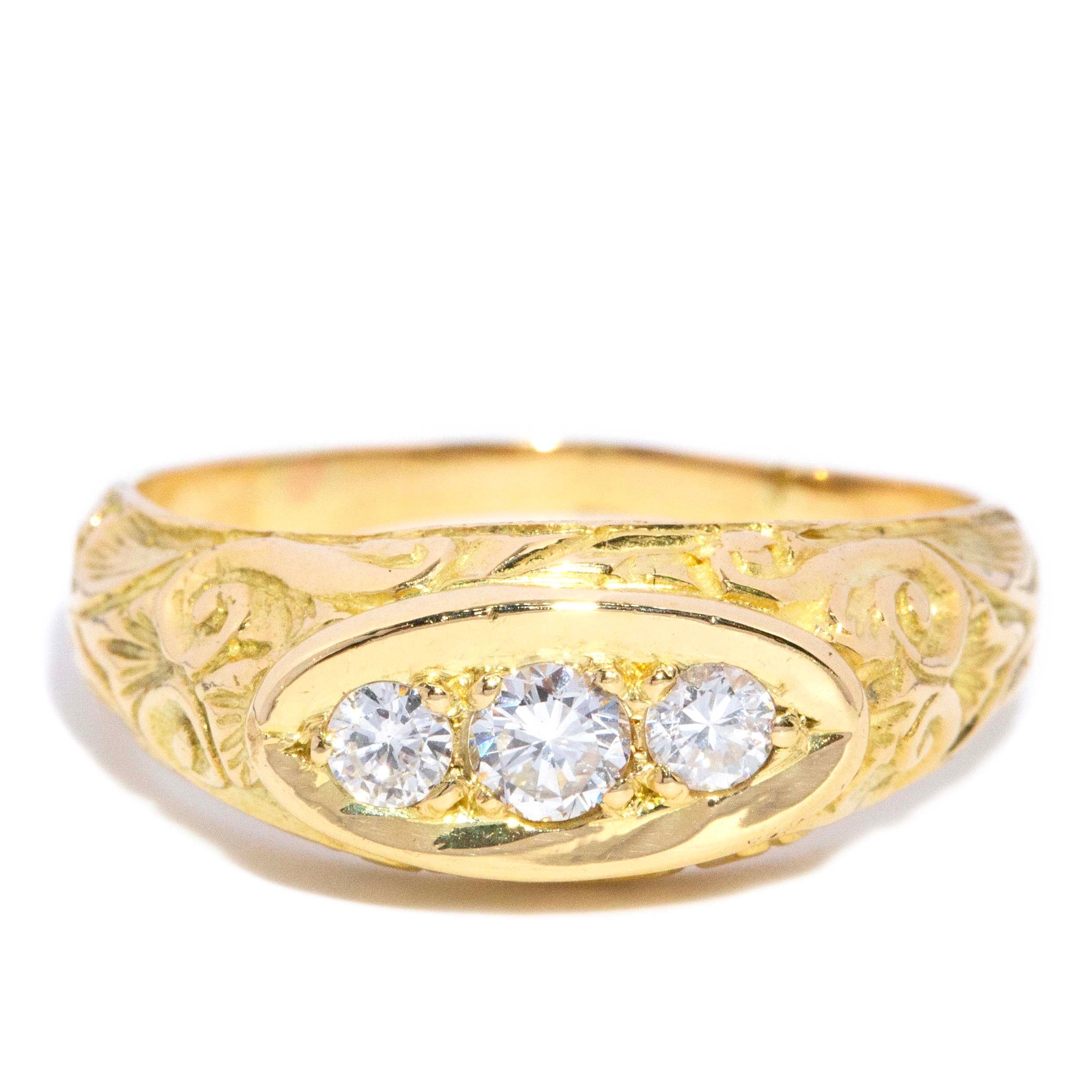 Sylvia Victorian Era Diamond Engraved & Domed Three Stone Ring 18ct Yellow Gold Rings Imperial Jewellery 