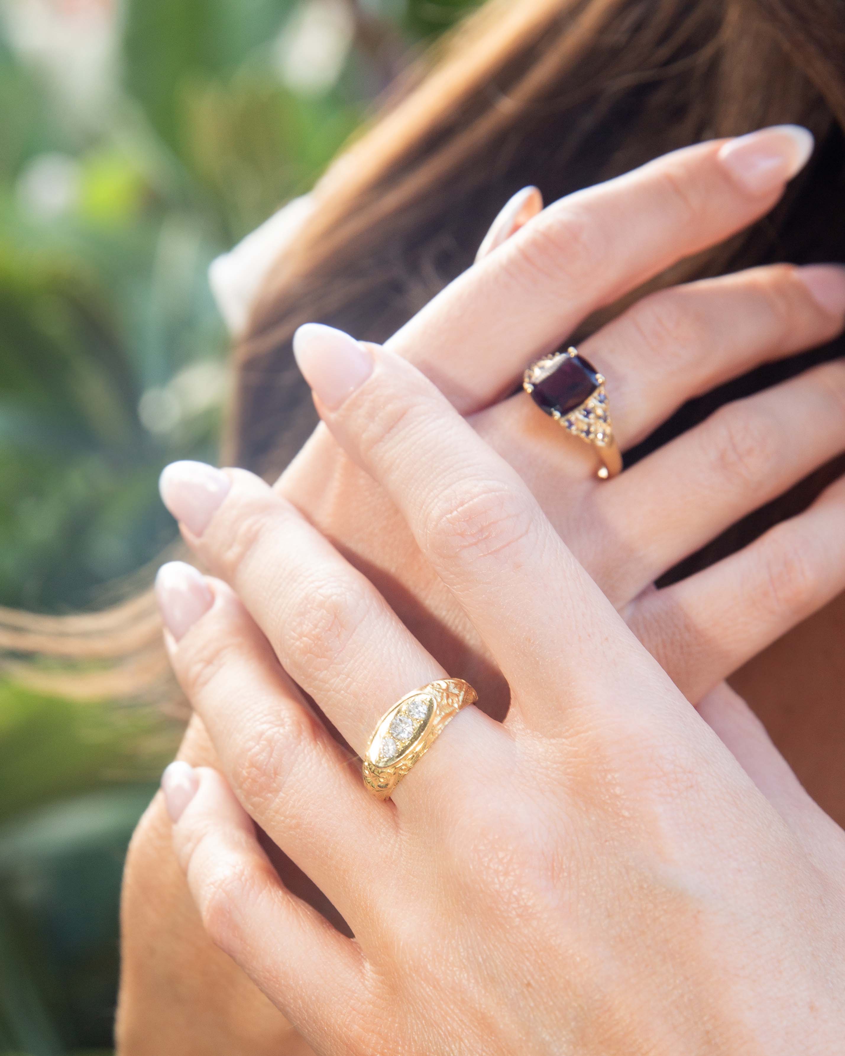 Sylvia Victorian Era Diamond Engraved & Domed Three Stone Ring 18ct Yellow Gold Rings Imperial Jewellery 