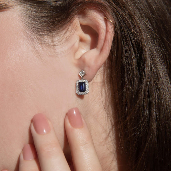 Contemporary Sapphire Diamond Stud Drop Earrings 14 Carat White Gold