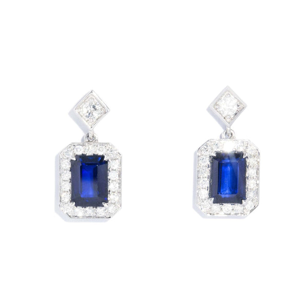 Contemporary Sapphire Diamond Stud Drop Earrings 14 Carat White Gold