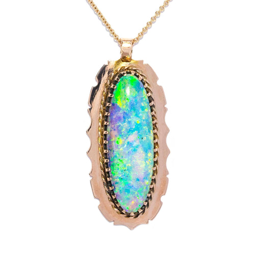 Thais 1940s Elongated Boulder Opal Pendant 9K Yellow Gold