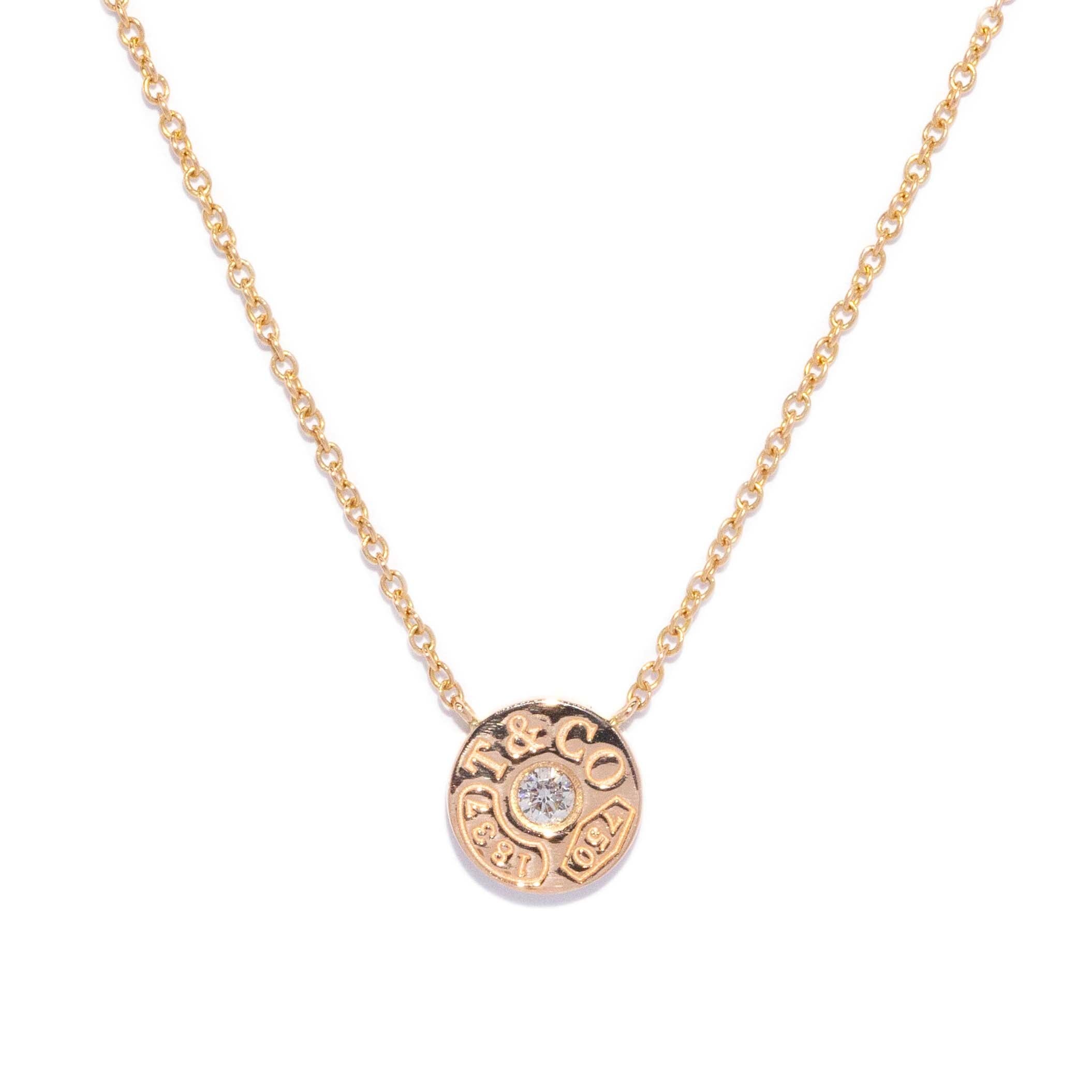 Tiffany & Co. Solitaire Diamond Circle Tag Pendant Necklace 18ct Rose Gold Pendants/Necklaces Imperial Jewellery 
