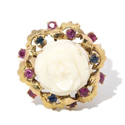 Tivona 1970s White Rose Ruby Sapphire Ring 14K Yellow Gold
