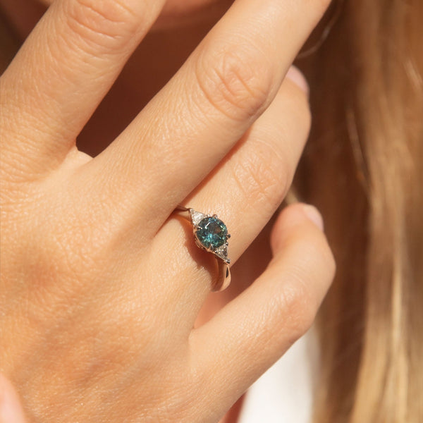 Trina Teal Sapphire Diamond Three Stone Ring 18K White Gold Rings Anthology Jewellers 