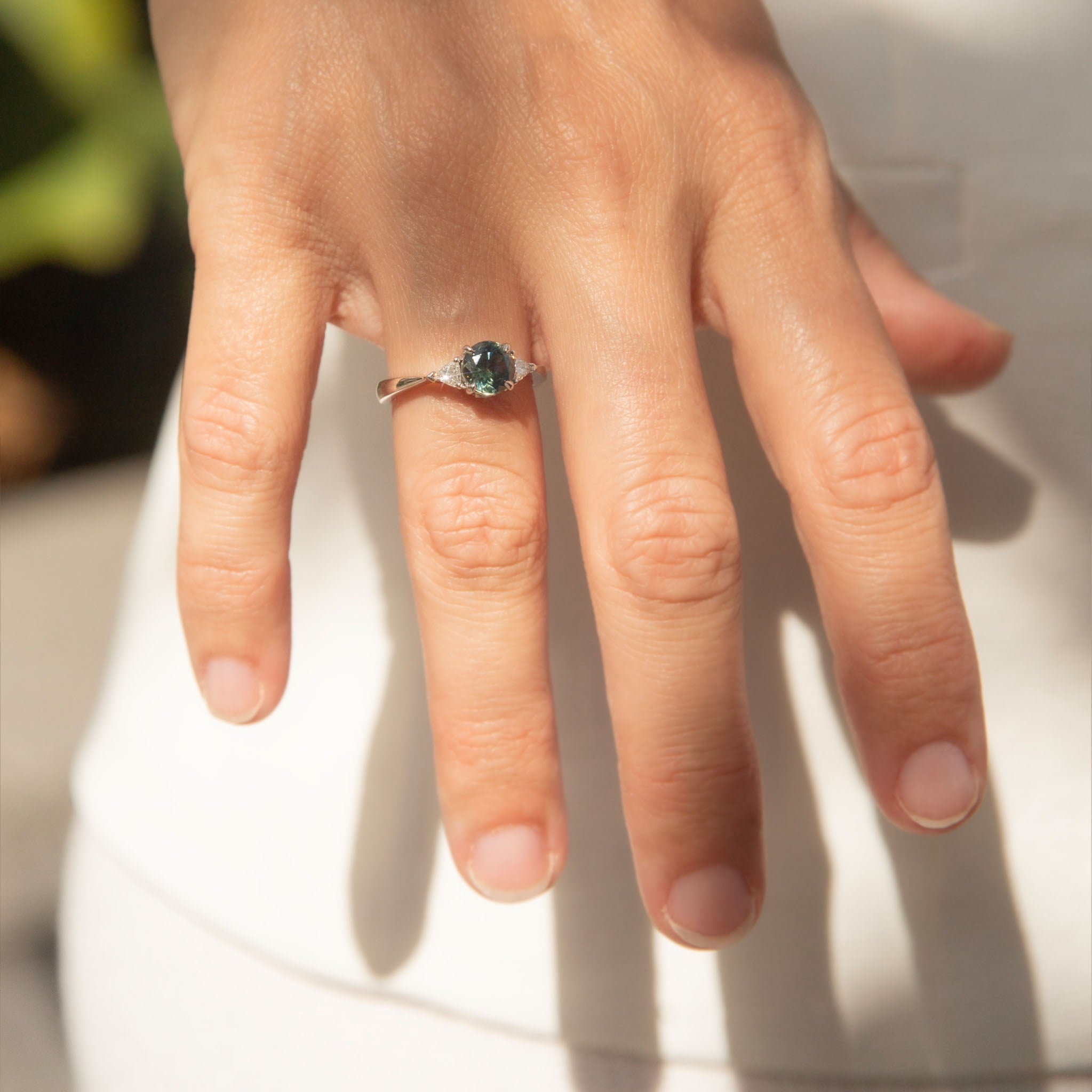 Trina Teal Sapphire Diamond Three Stone Ring 18K White Gold Rings Anthology Jewellers 