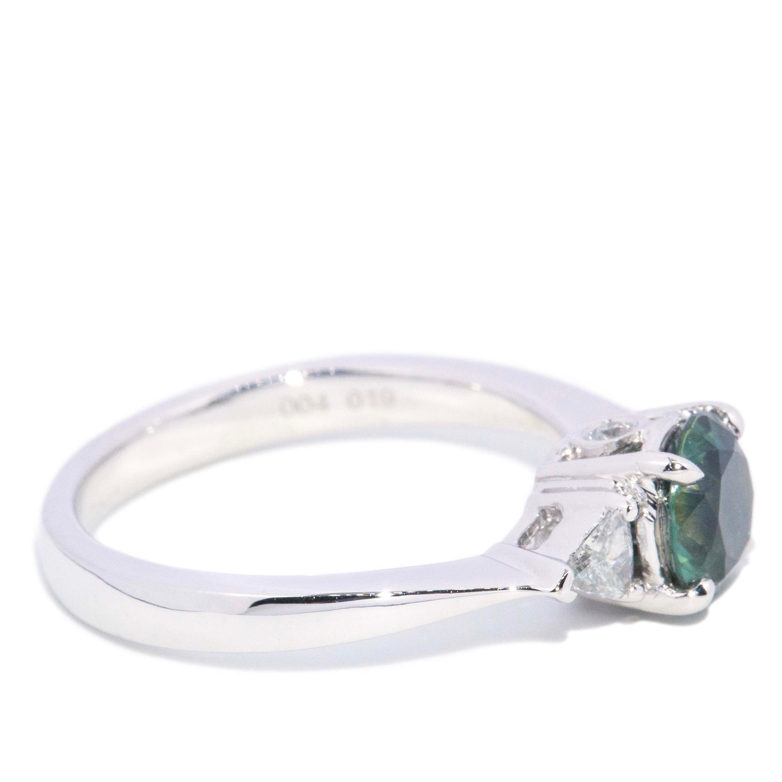 Trina Teal Sapphire Diamond Three Stone Ring 18K White Gold Rings Anthology Jewellers 