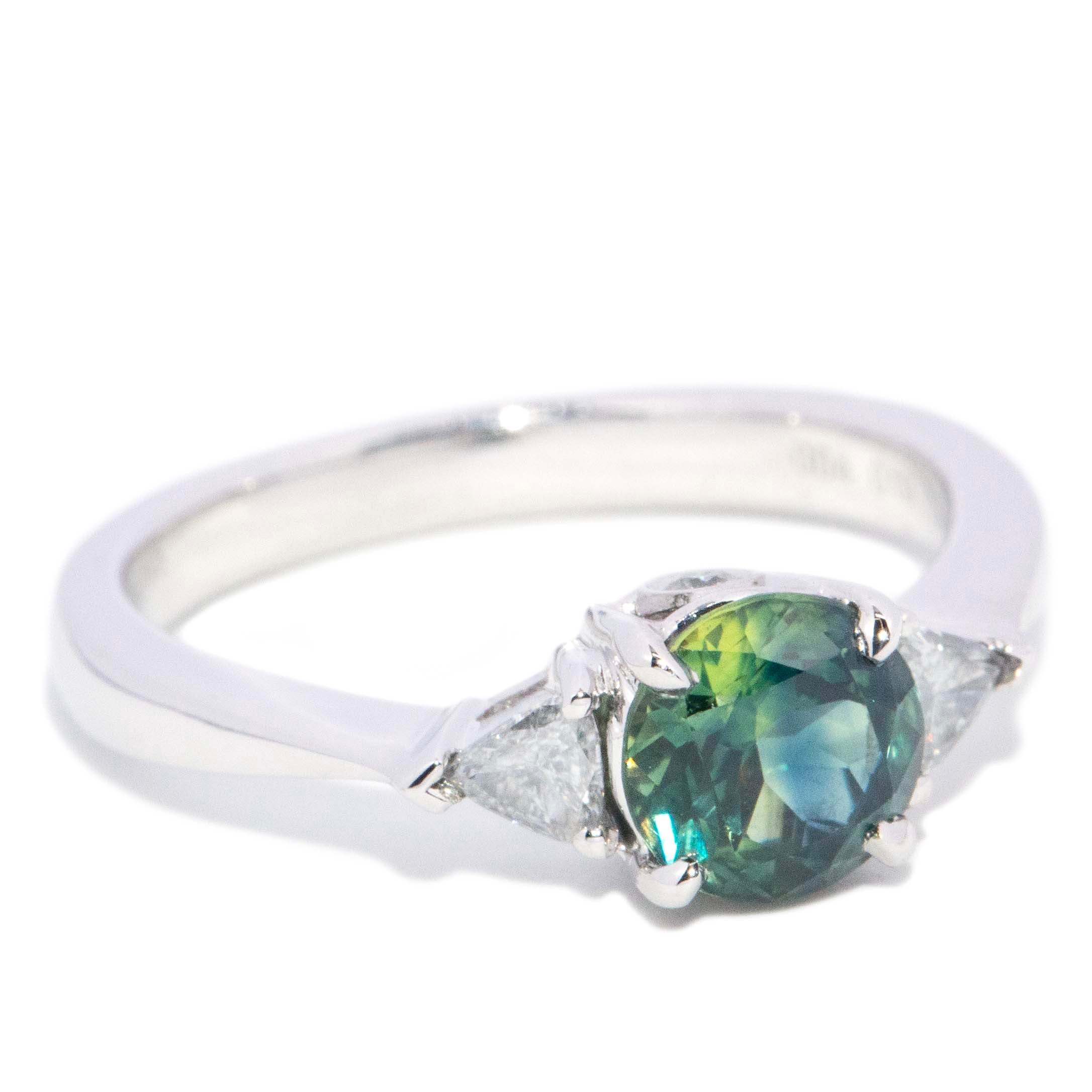 Trina Teal Sapphire Diamond Three Stone Ring 18K White Gold Rings Anthology Jewellers 