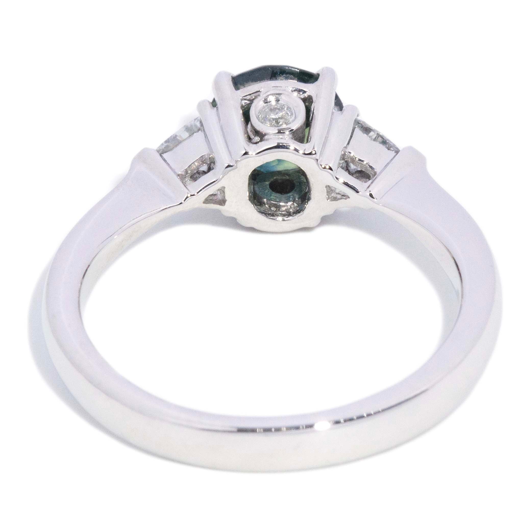 Trina Teal Sapphire Diamond Three Stone Ring 18K White Gold Rings Anthology Jewellers 