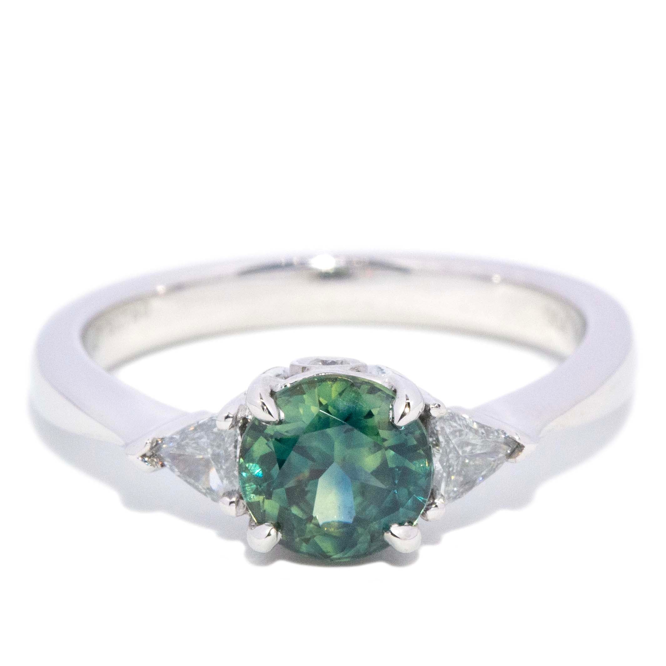 Trina Teal Sapphire Diamond Three Stone Ring 18K White Gold Rings Anthology Jewellers 