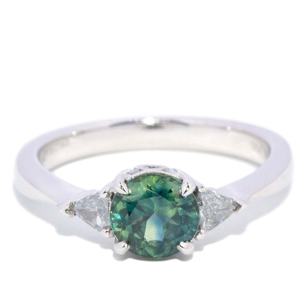 Trina Teal Sapphire Diamond Three Stone Ring 18K White Gold Rings Anthology Jewellers 