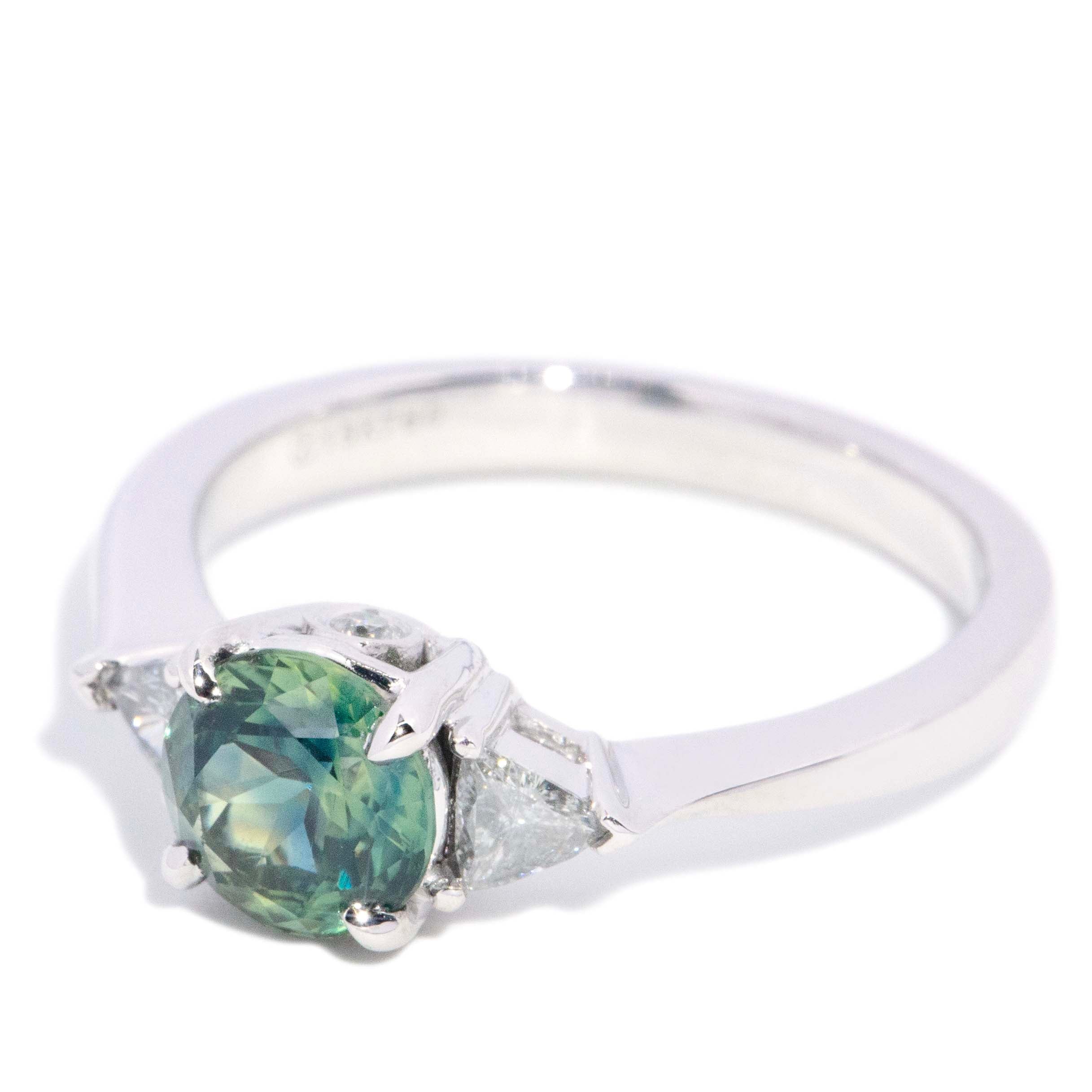 Trina Teal Sapphire Diamond Three Stone Ring 18K White Gold Rings Anthology Jewellers 
