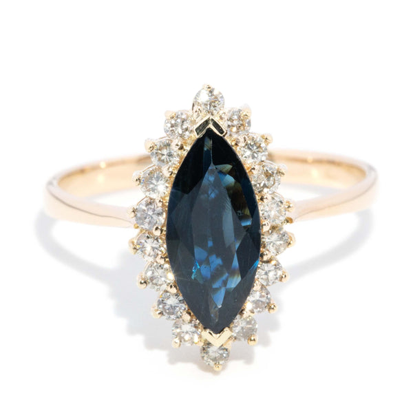 Vintage Circa 1980s Sapphire & Diamond Marquise Halo Ring 14 Carat Gold