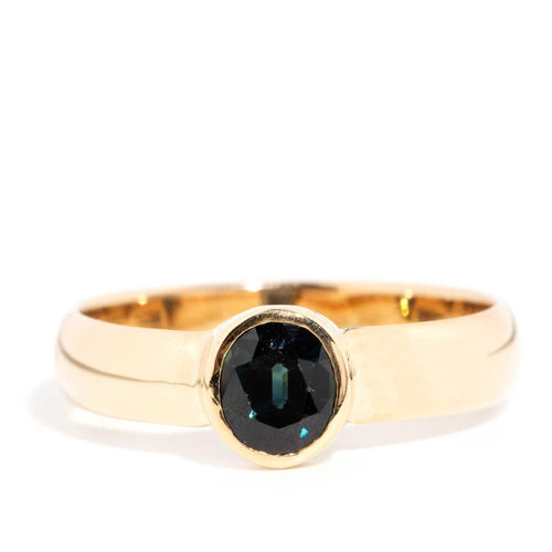 Faye 1980s Teal Sapphire Solitaire Ring 18K Yellow Gold