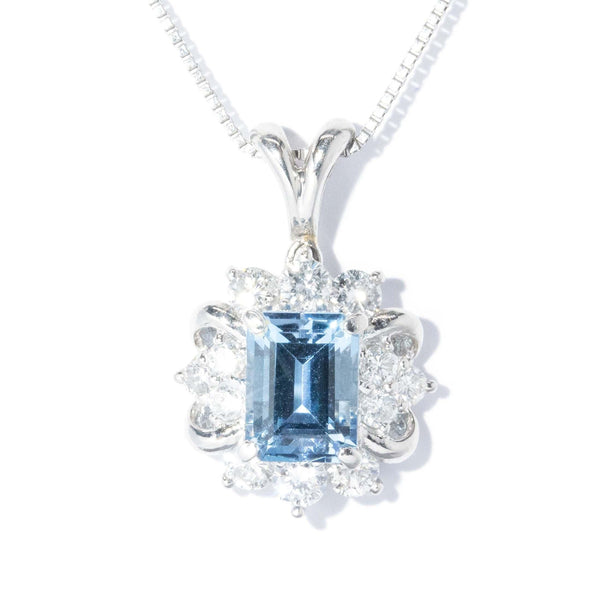 Contemporary Aquamarine & Diamond Platinum Cluster Pendant & Chain