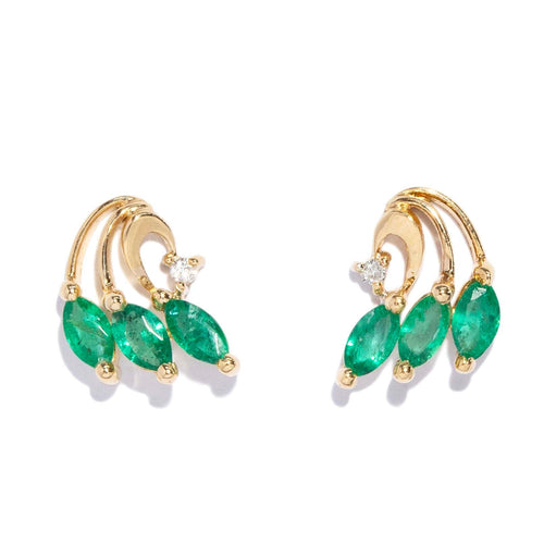 Xenia 1980s Emerald & Diamond Plume Studs 14K Yellow Gold
