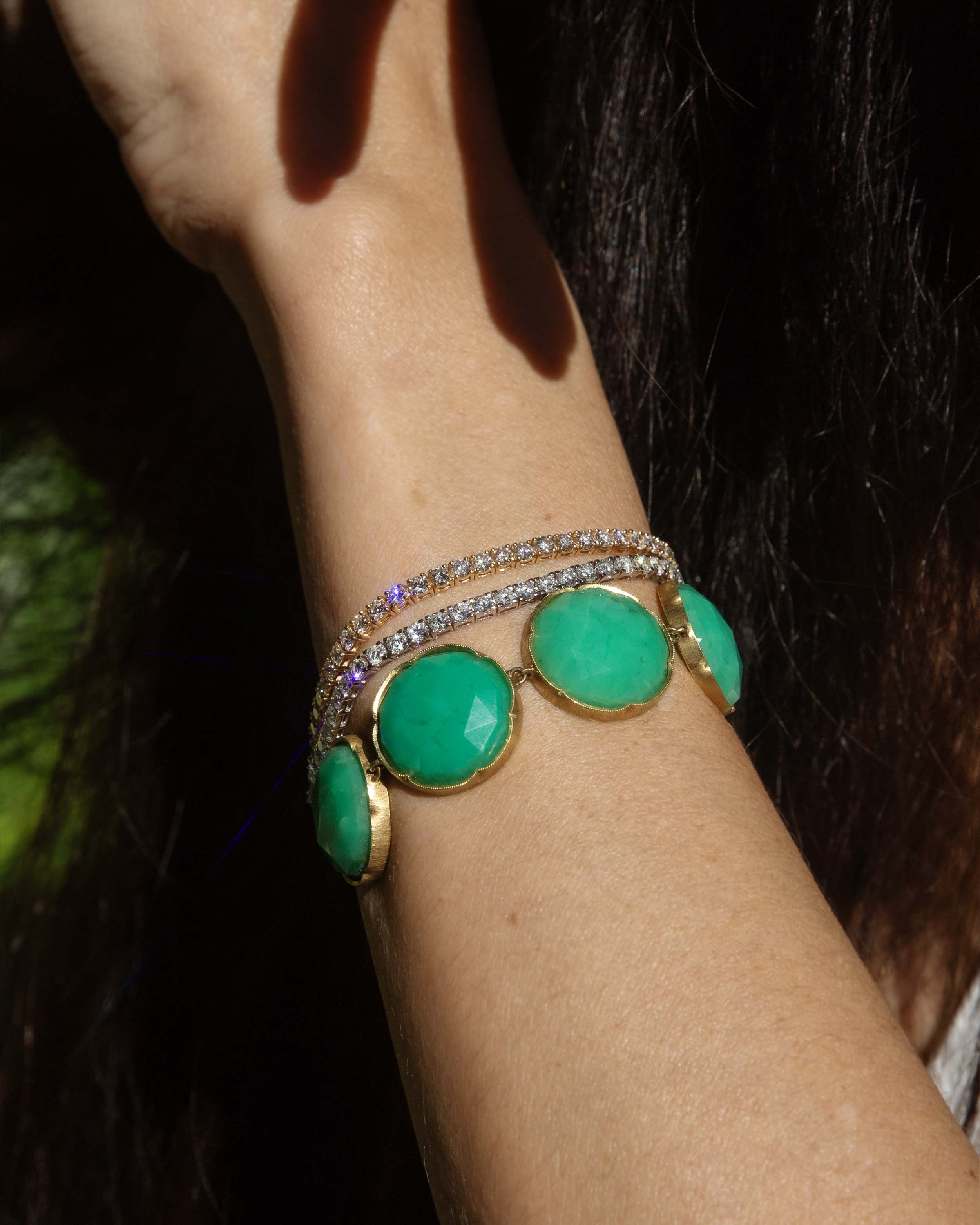 Yelena Faceted Rose Cut Green Chrysoprase Rubover Bracelet 18ct Yellow Gold Bracelets/Bangles Imperial Jewellery 