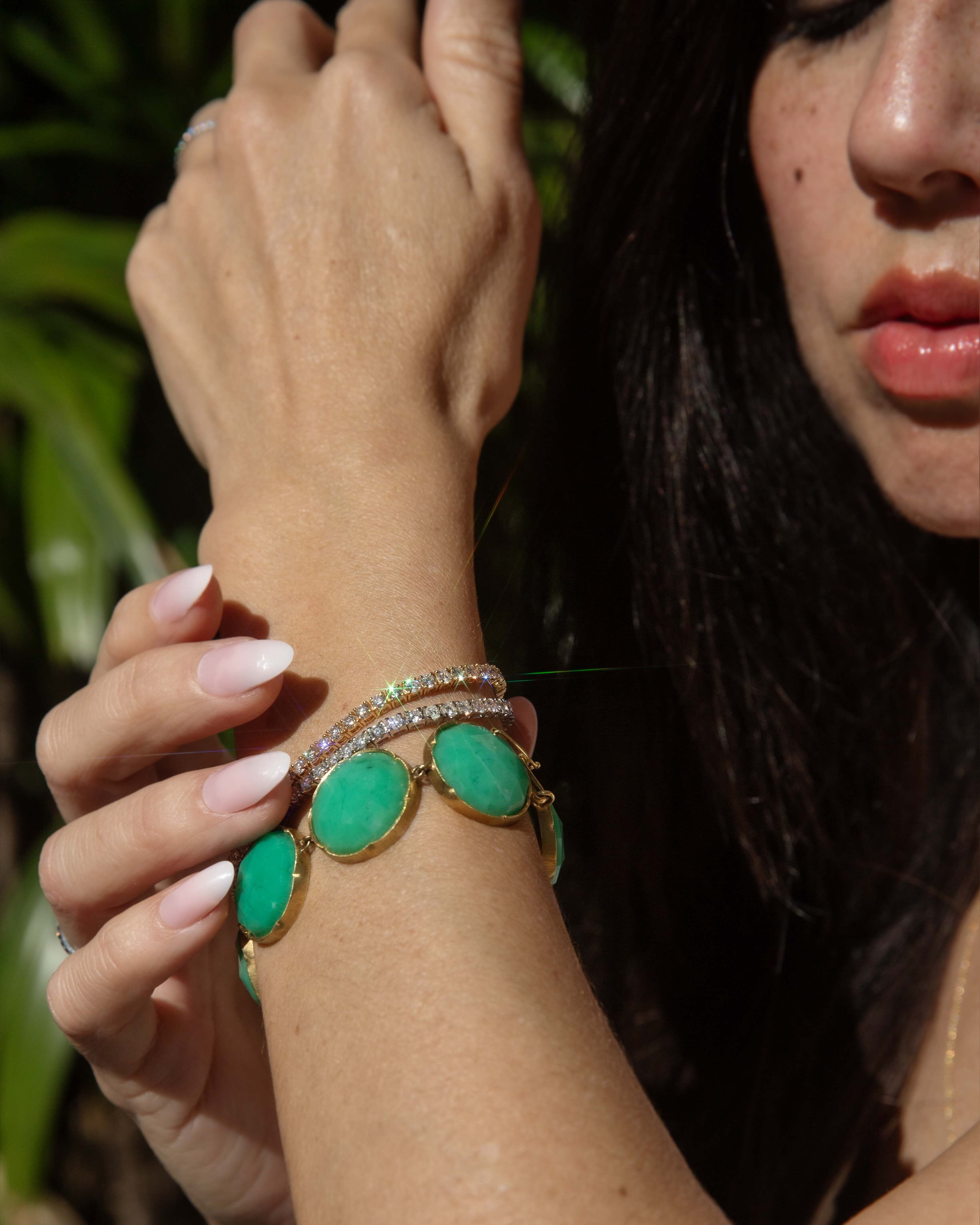 Yelena Faceted Rose Cut Green Chrysoprase Rubover Bracelet 18ct Yellow Gold Bracelets/Bangles Imperial Jewellery 