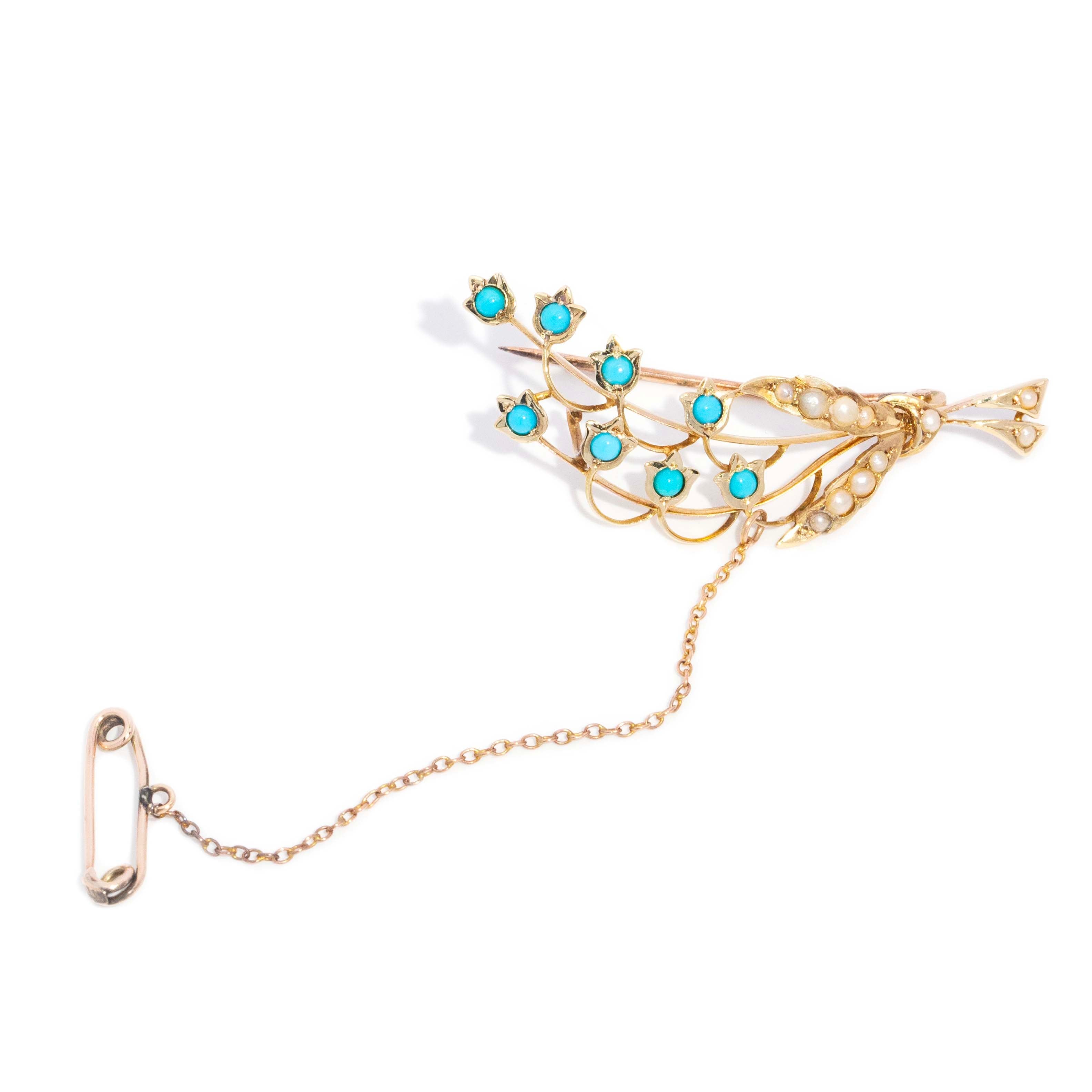 Zahara Turquoise & Pearl Bouquet Brooch 15K Yellow Gold Brooches Imperial Jewellery 