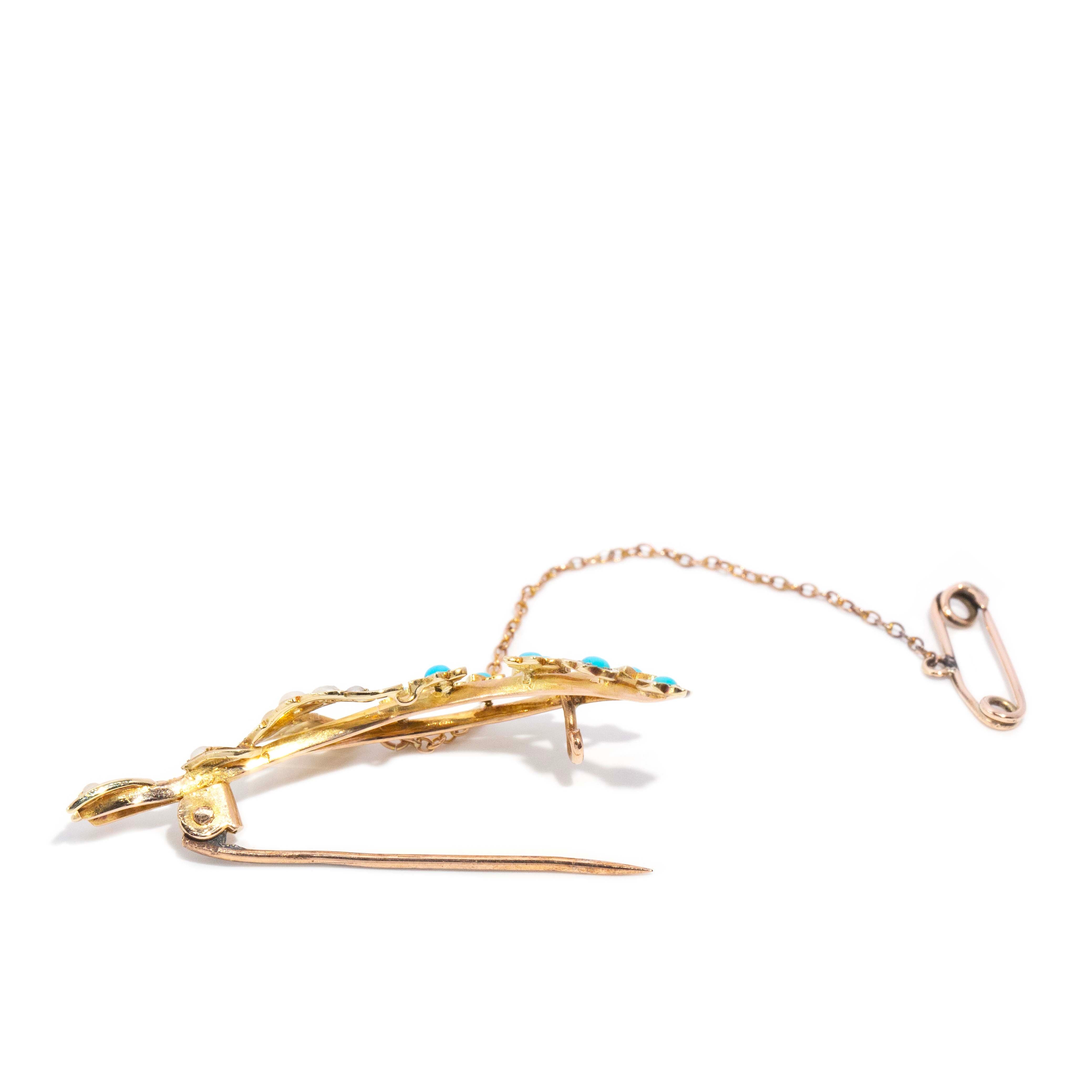 Zahara Turquoise & Pearl Bouquet Brooch 15K Yellow Gold Brooches Imperial Jewellery 
