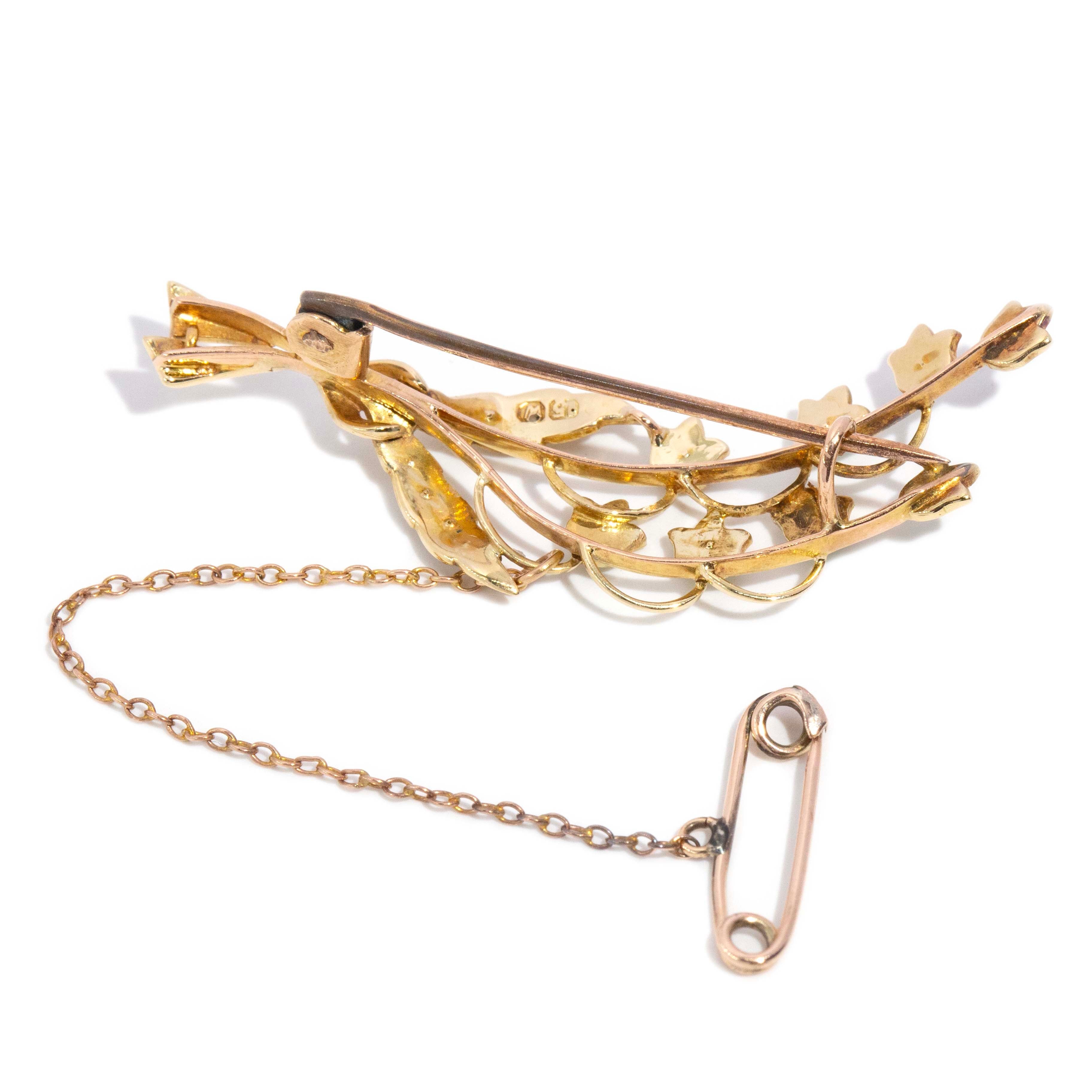 Zahara Turquoise & Pearl Bouquet Brooch 15K Yellow Gold Brooches Imperial Jewellery 