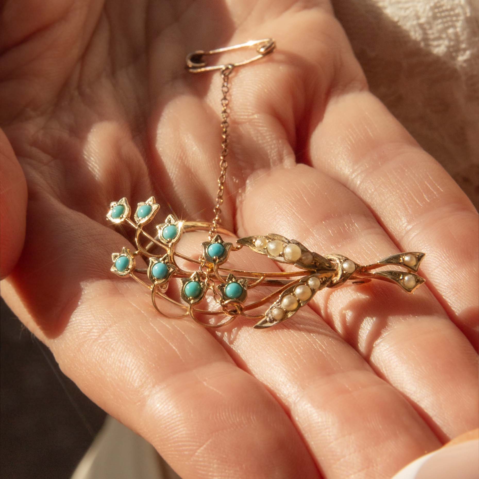 Zahara Turquoise & Pearl Bouquet Brooch 15K Yellow Gold Brooches Imperial Jewellery 