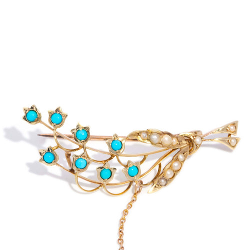 Zahara 1930s Turquoise & Pearl Brooch 15K Yellow Gold