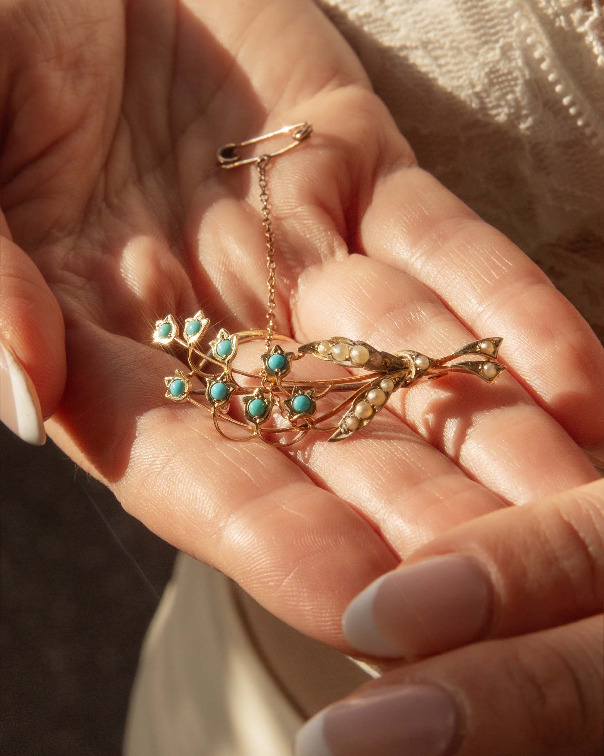 Zahara Turquoise & Pearl Bouquet Brooch 15K Yellow Gold Brooches Imperial Jewellery 