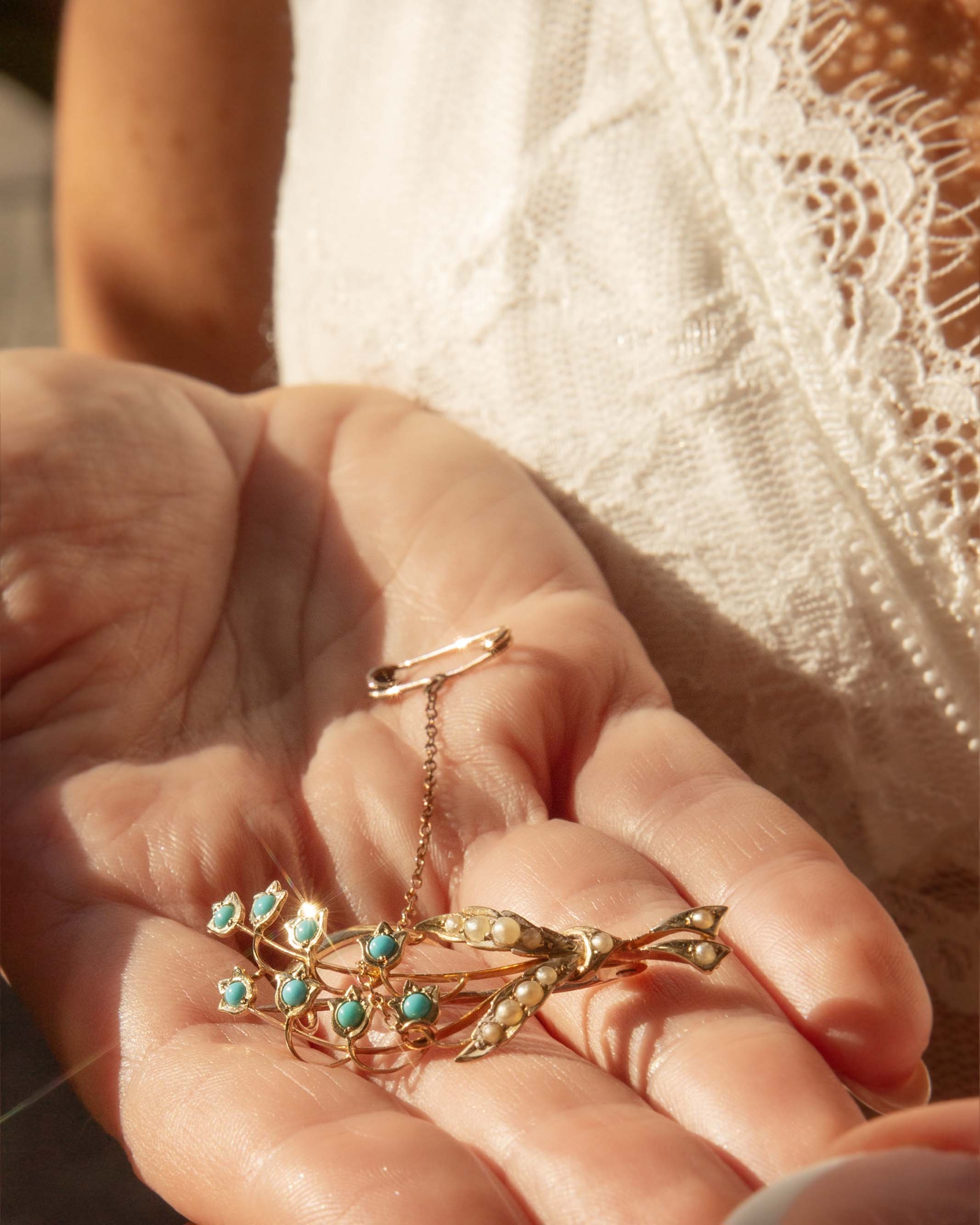 Zahara Turquoise & Pearl Bouquet Brooch 15K Yellow Gold Brooches Imperial Jewellery 