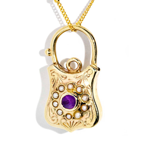 Andree 1960s Amethyst & Pearl Padlock & Chain 9K Yellow Gold