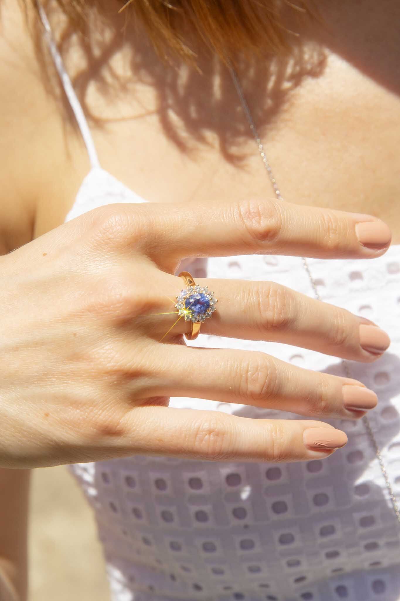 Azure Petite 18ct Gold Ceylon Sapphire & Diamond Halo Ring Rings Imperial Jewellery 