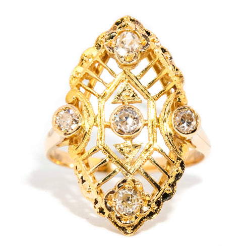 Marcia Art Deco Old Cut Diamond Navette Ring 18K Yellow Gold
