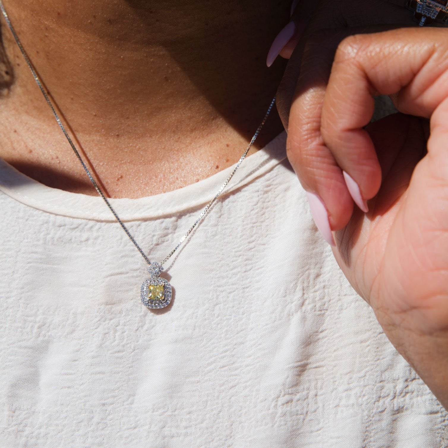 Serenity 18 Carat White Gold Yellow Diamond Double Halo Pendant Pendants/Necklaces Imperial Jewellery