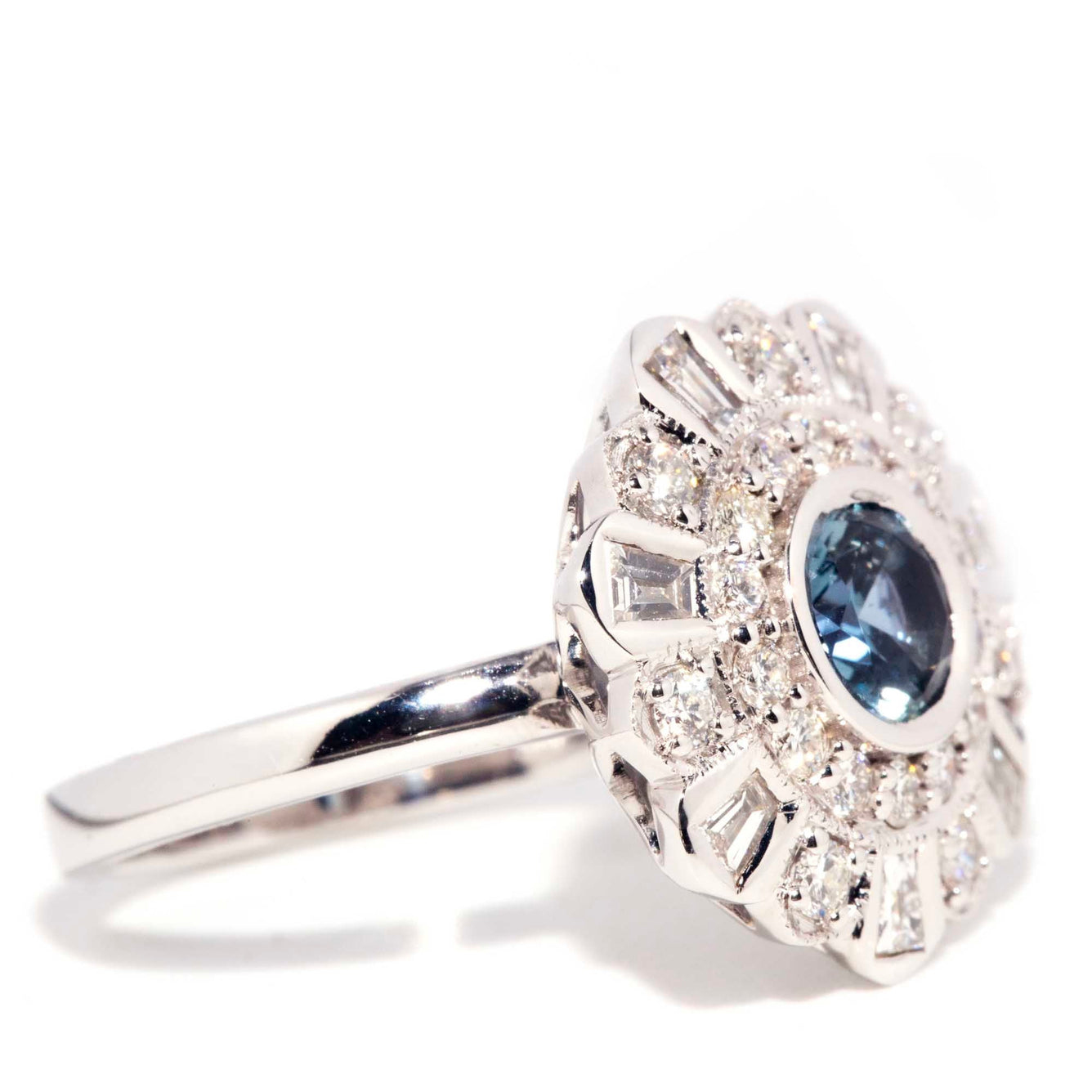 Solace 18ct White Gold Sapphire & Diamond Halo Starburst Ring* OB Gemmo $ Rings Imperial Jewellery 
